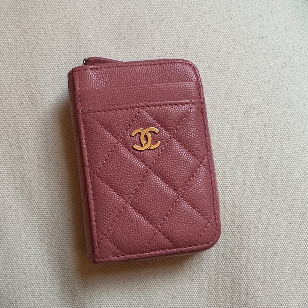 Chanel Quilted Pink Card Holder Wallet with Gold Logo